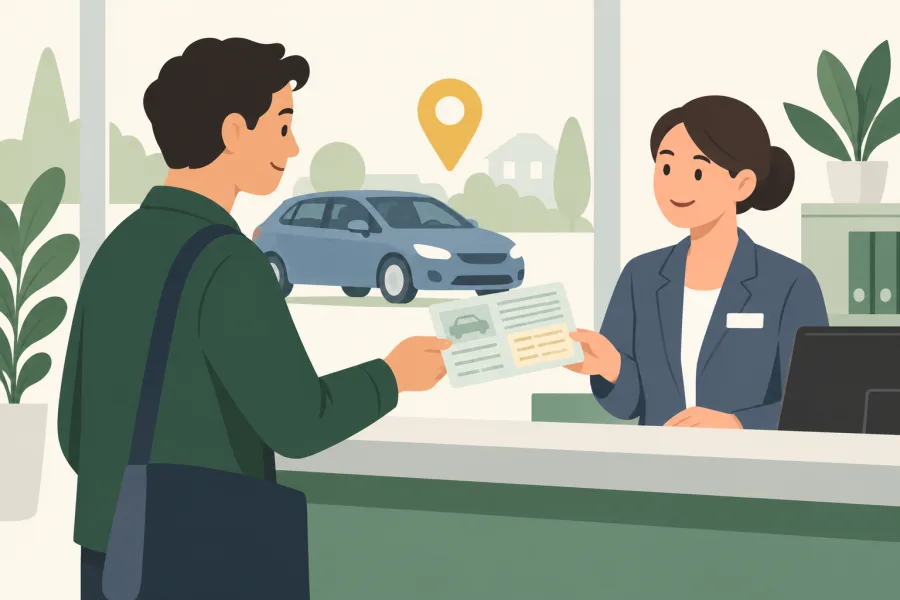 Flat-Design-Illustration: Eine Person lässt ihre Fahrzeugpapiere am Service-Schalter aktualisieren