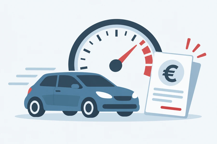 Illustration mit Auto, Tachometer und Bußgeldbescheid