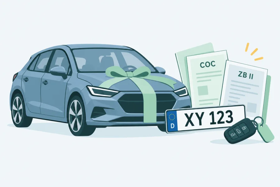 Flat-Design-Illustration eines fabrikneuen Autos mit Fahrzeugpapieren, Schlüssel und Kennzeichenschild