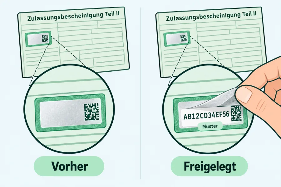 Online-Zulassung in Dillenburg: zwölfstelligen Sicherheitscode am Fahrzeugbrief freilegen – Musterillustration