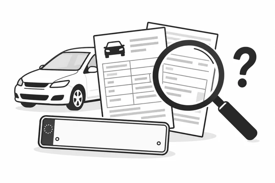 Schwarz-weiße Illustration: Fahrzeugpapiere und Kennzeichen unter einer Lupe als Symbol für verlorene Unterlagen