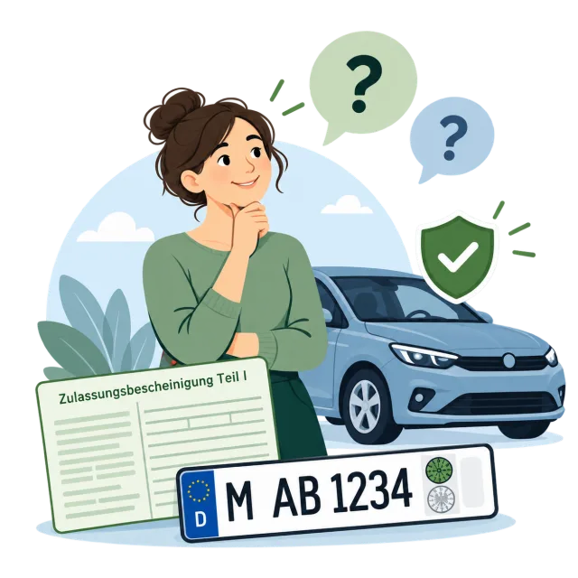 Illustration: Eine Person überlegt, welche Stelle für ihr Fahrzeuganliegen zuständig ist