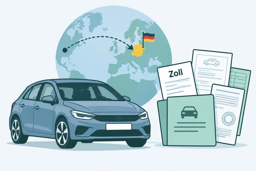 Flat-Design-Illustration eines Importfahrzeugs mit Globus, Route nach Deutschland und Fahrzeug- sowie Zollunterlagen