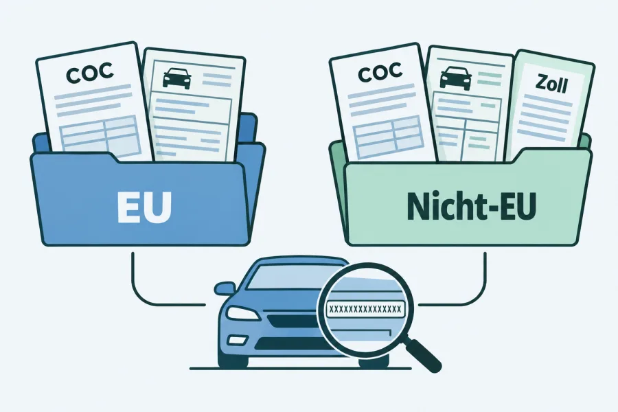 Dokumentenübersicht für Importfahrzeuge aus EU- und Nicht-EU-Staaten mit COC, Fahrzeugpapieren und zusätzlichem Zollnachweis