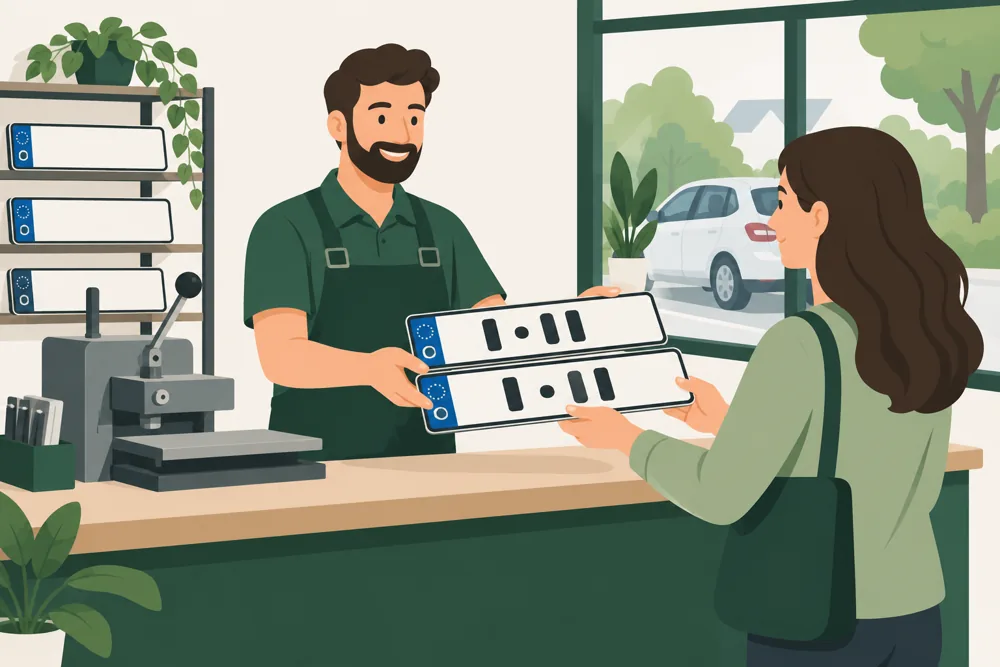Flat-Design-Illustration: Ein Kunde kauft zwei Kennzeichenschilder in einem Schilderladen