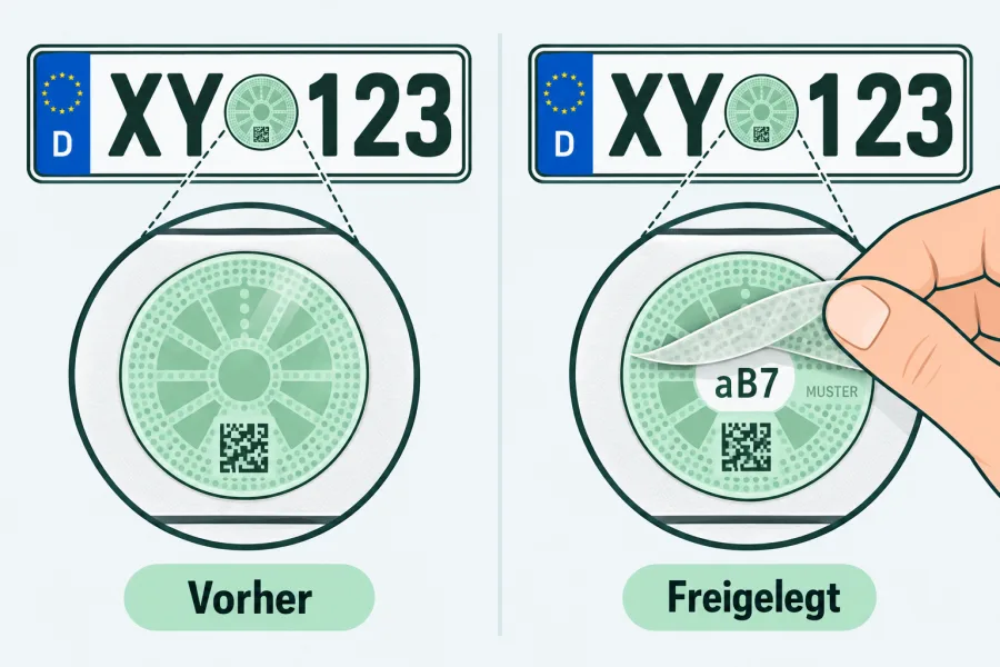 Illustration zum Freilegen des Sicherheitscodes auf der Kennzeichenplakette
