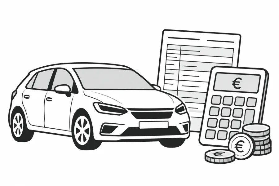 Schwarz-weiße Illustration: Auto, Taschenrechner und Fahrzeugpapiere zur Berechnung der Kfz-Steuer