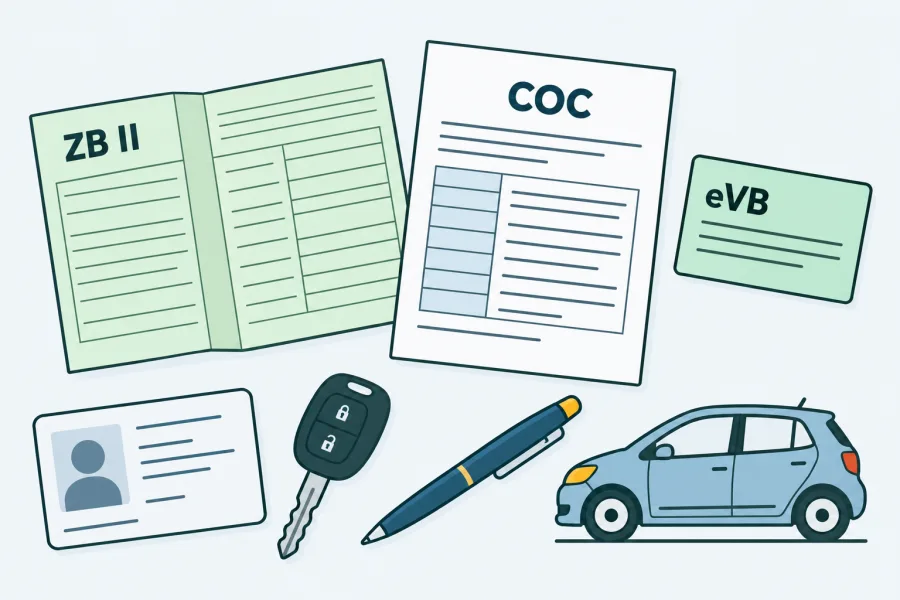Übersicht der Unterlagen für die Neuzulassung: Fahrzeugbrief, COC-Bescheinigung, eVB und Identitätsnachweis