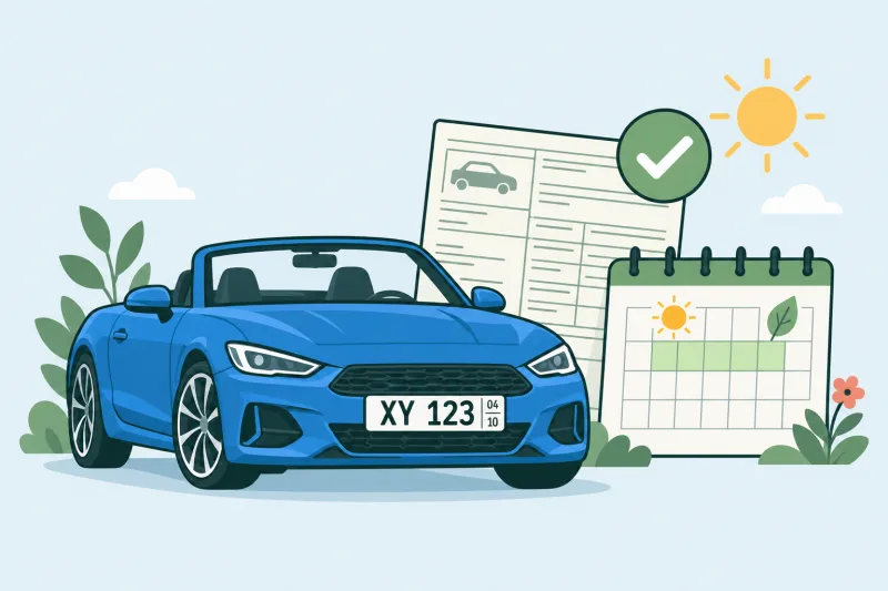 Flat-Design-Illustration: blaues Cabrio mit Saisonkennzeichen XY 123 für April bis Oktober, Kalender und Zulassungsunterlagen