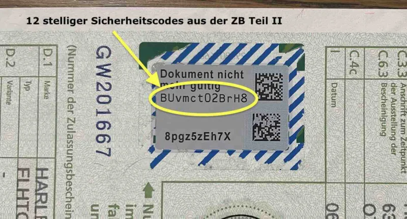 Sicherheitscode auf der Zulassungsbescheinigung Teil II