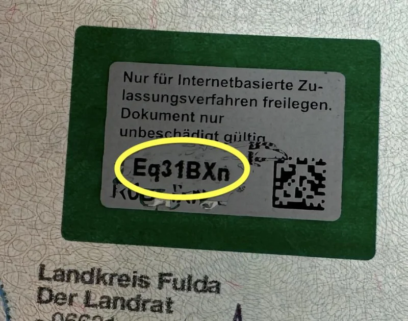 7-stelliger Sicherheitscode auf der Zulassungsbescheinigung Teil I