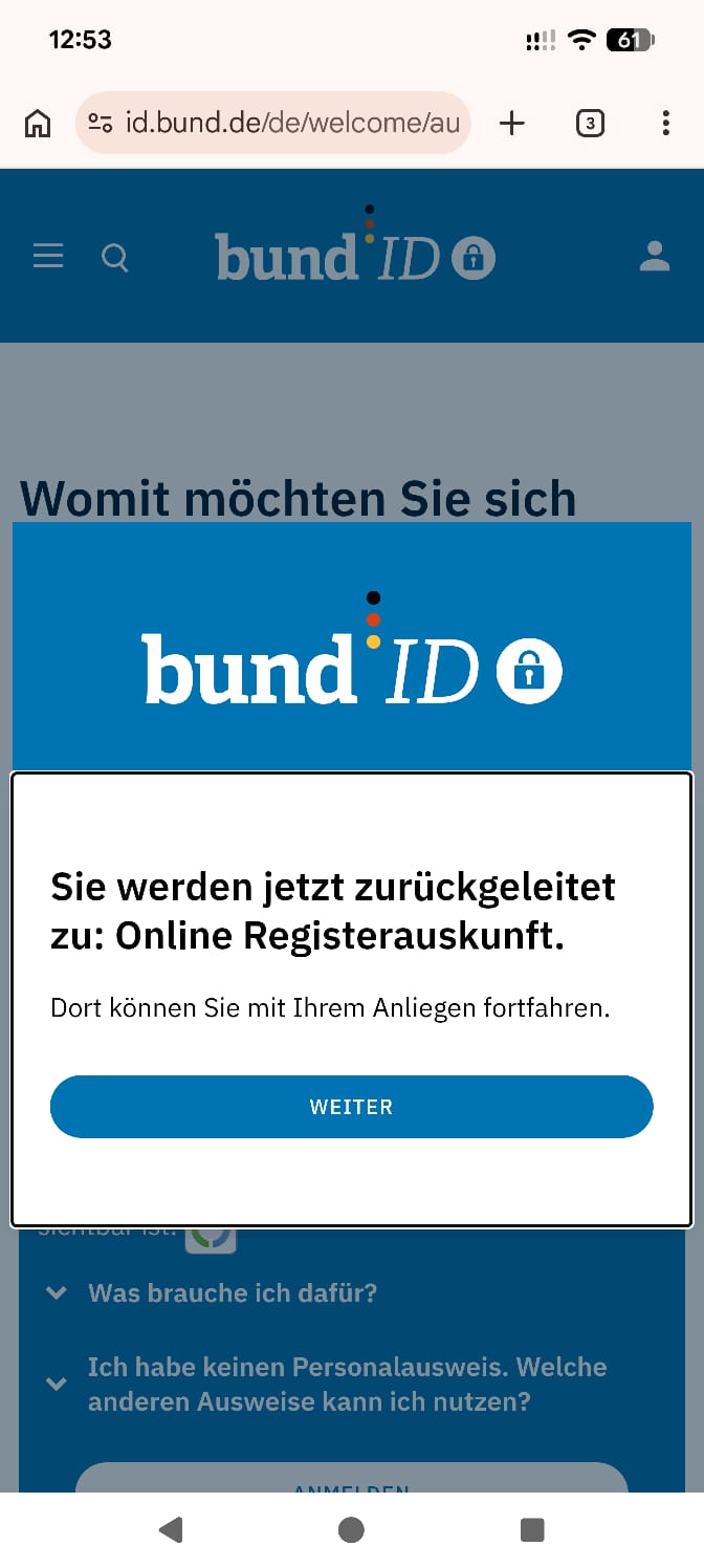Screenshot: Bestätigung nach PIN-Eingabe und Weiterleitung zurück zum KBA.