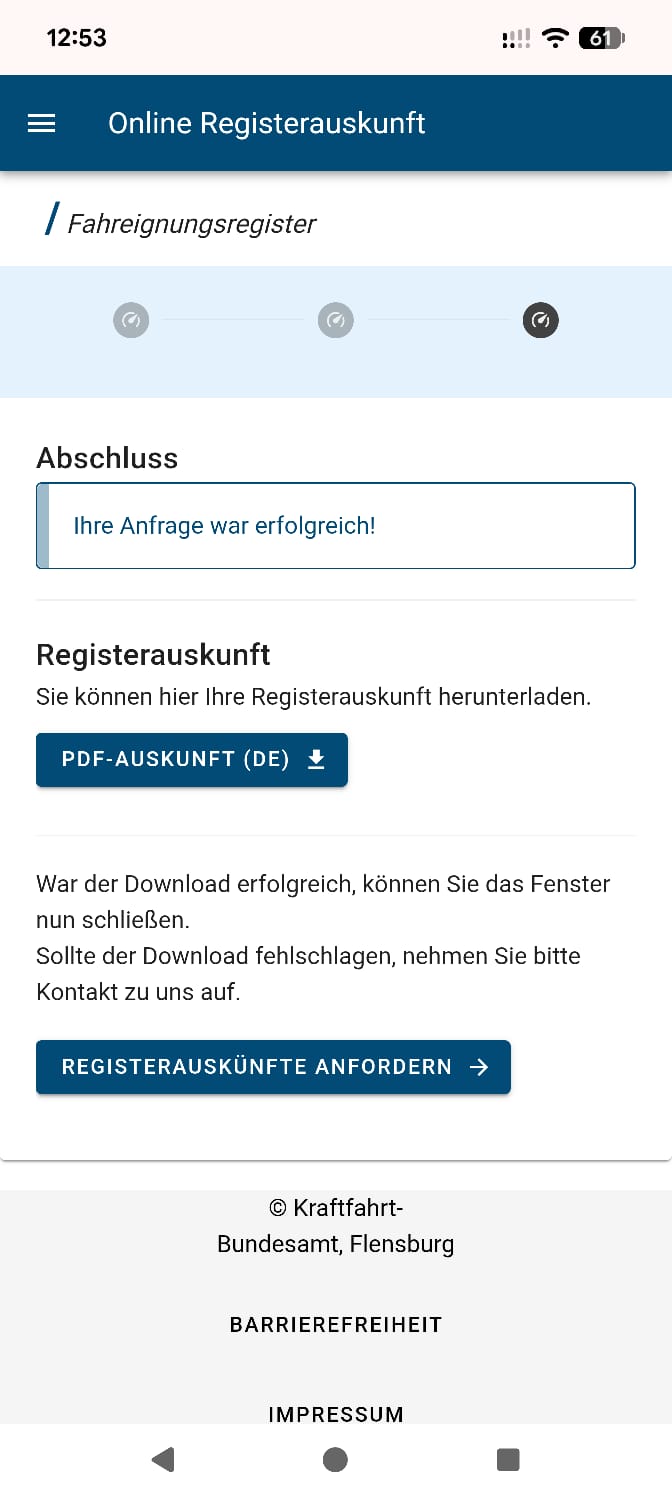 Screenshot: KBA-Seite mit Möglichkeit, den Punktestand als PDF abzurufen.