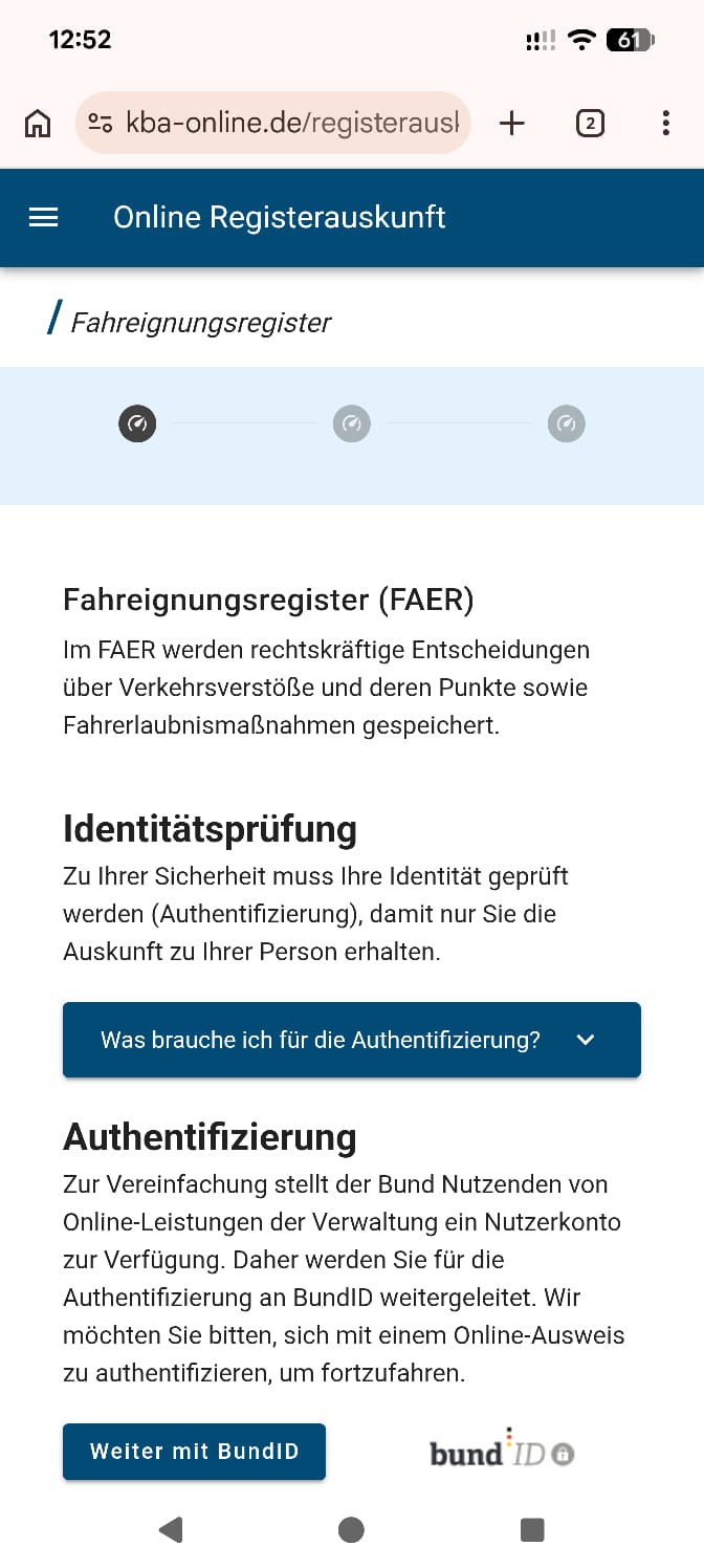 Screenshot: KBA-Auskunftsseite für die Punkteauskunft (FAER).
