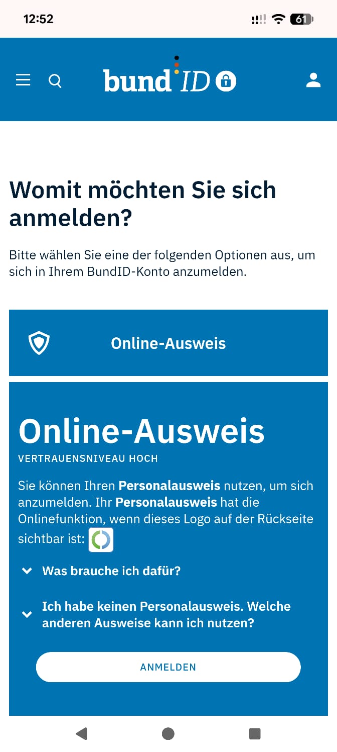 Screenshot: Anmeldeseite der BundID mit Auswahl der Login-Methode.