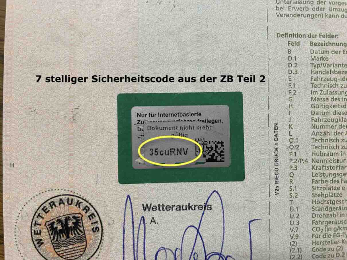 7 stelliger Sicherheitscode aus der ZB Teil 2 (Musterbild)
