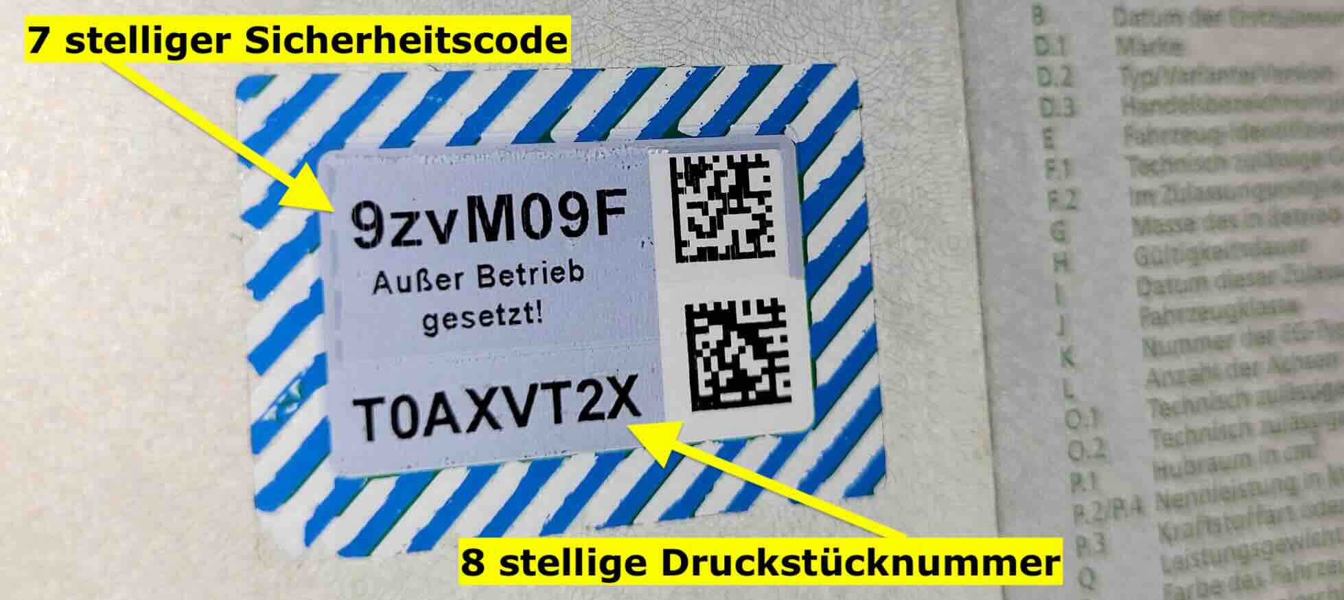 7 stelliger Sicherheitscode bei Abziehvariante (Musterbild)