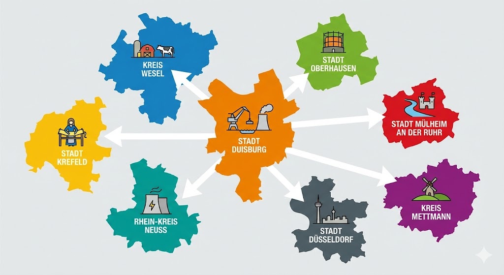 Die angrenzenden Landkreise der Stadt Duisburg