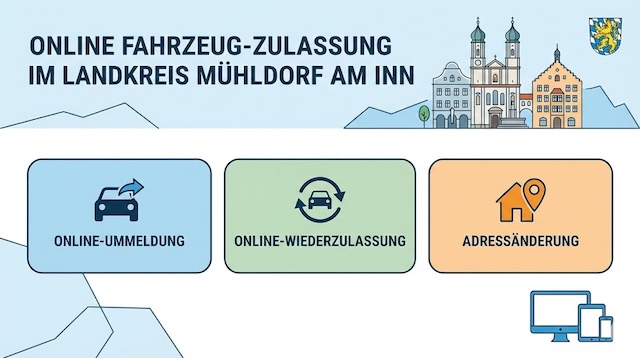 Online Zulassungsverfahren wie Zulassung, Ummeldung, Adressänderung oder Wiederzulassung im Landkreis Mühldorf am Inn