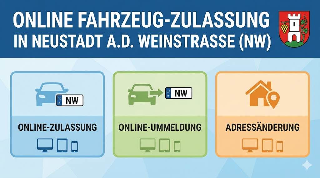 Online Zulassungsverfahren wie Zulassung, Ummeldung, Adressänderung oder Wiederzulassung in Neustadt an der Weinstraße
