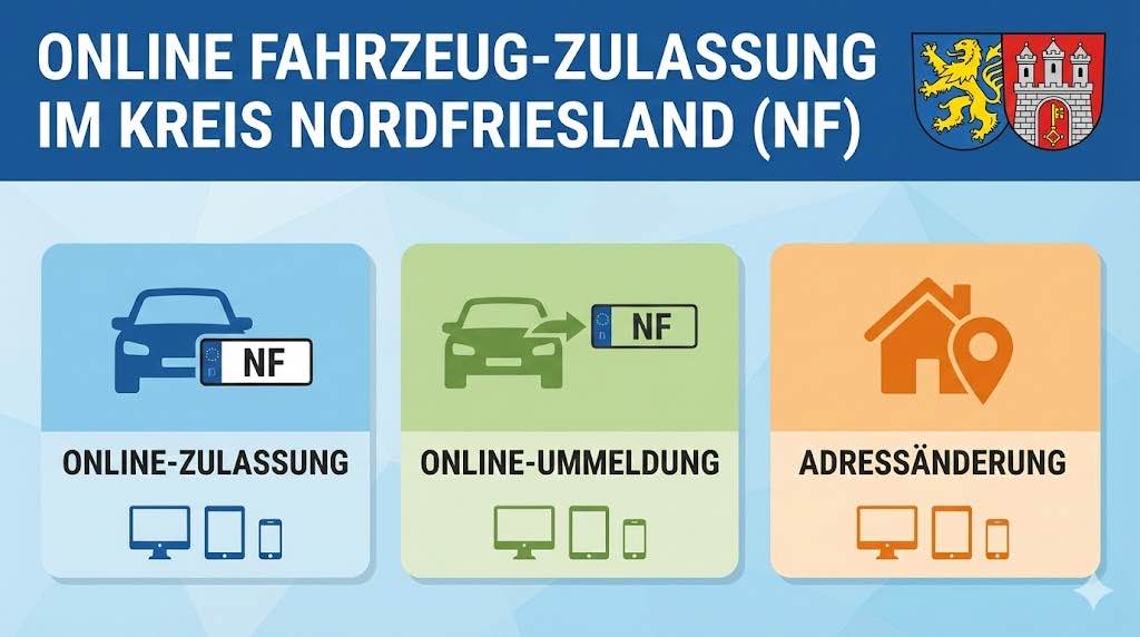 Online Zulassungsverfahren wie Zulassung, Ummeldung, Adressänderung oder Wiederzulassung im Kreis Nordfriesland
