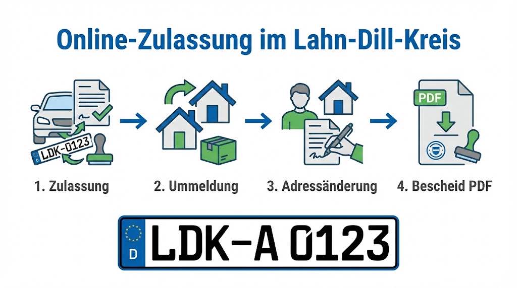 Online Zulassungsverfahren wie Zulassung, Ummeldung, Adressänderung oder Wiederzulassung im Lahn-Dill-Kreis