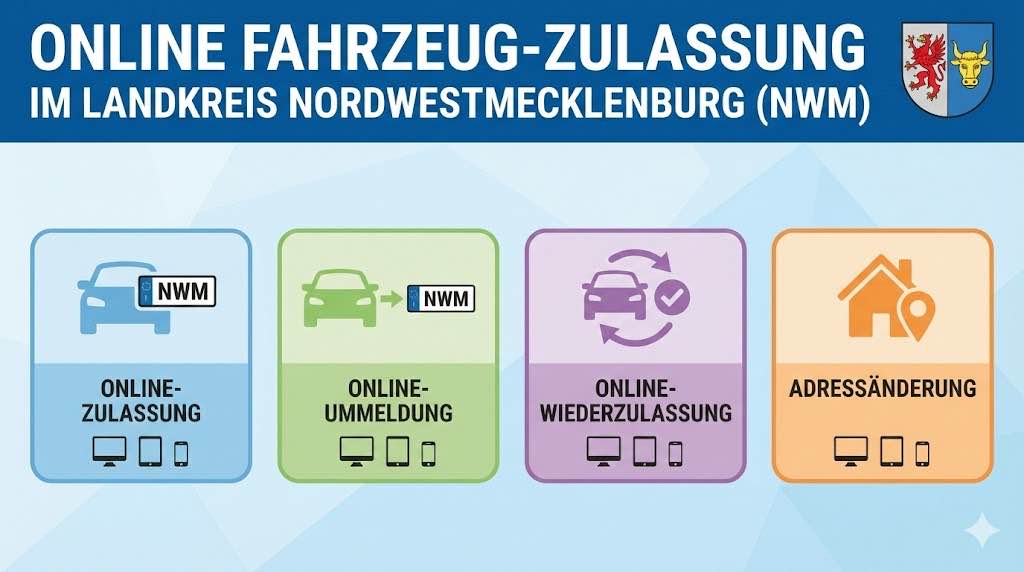 Online Zulassungsverfahren wie Zulassung, Ummeldung, Adressänderung oder Wiederzulassung im Landkreis Nordwestmecklenburg