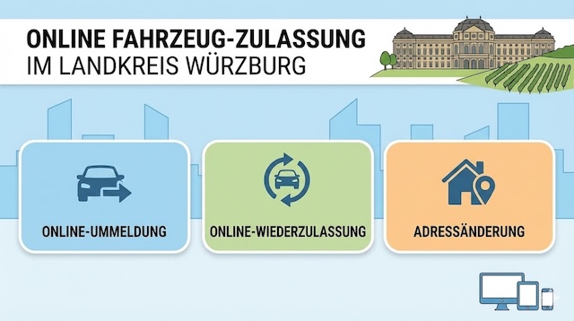 Online Zulassungsverfahren wie Zulassung, Ummeldung, Adressänderung oder Wiederzulassung im Landkreis Würzburg