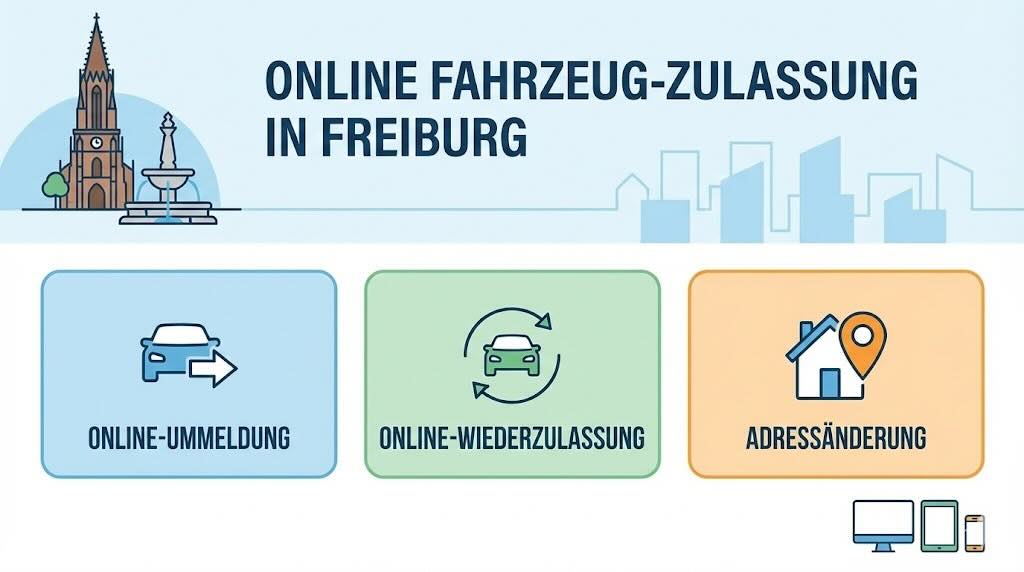 Online Zulassungsverfahren wie Zulassung, Ummeldung, Adressänderung oder Wiederzulassung in Freiburg im Breisgau