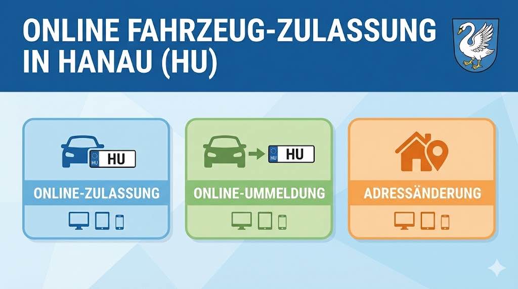 Online Zulassungsverfahren wie Zulassung, Ummeldung, Adressänderung oder Wiederzulassung in Hanau