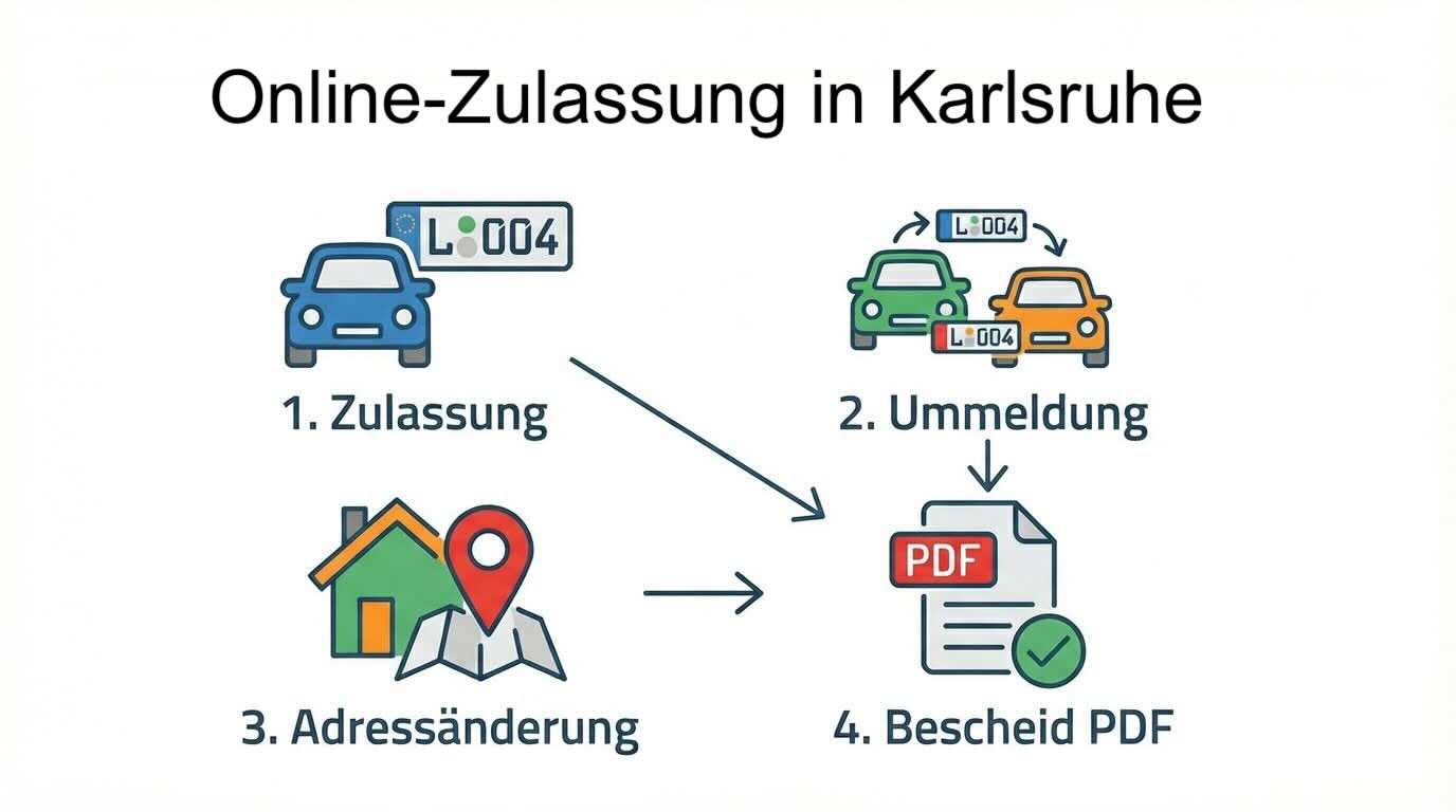 Online Zulassungsverfahren wie Zulassung, Ummeldung, Adressänderung oder Wiederzulassung in Karlsruhe