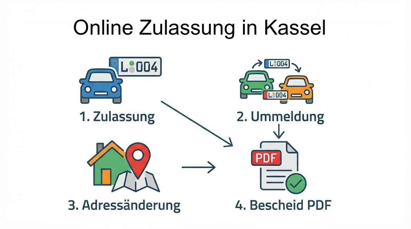 Online Zulassungsverfahren wie Zulassung, Ummeldung, Adressänderung oder Wiederzulassung in Kassel