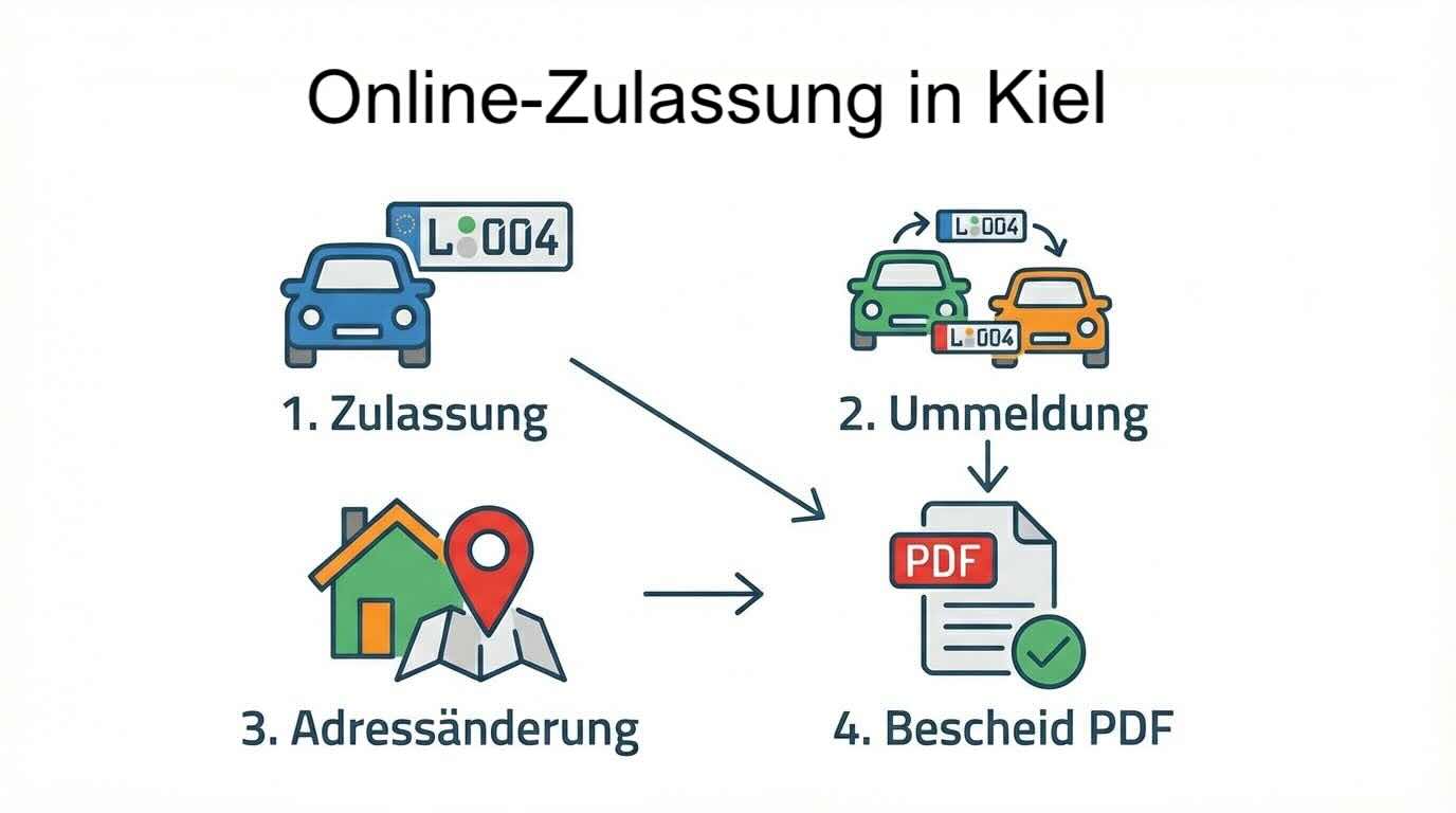 Online Zulassungsverfahren wie Zulassung, Ummeldung, Adressänderung oder Wiederzulassung in Kiel