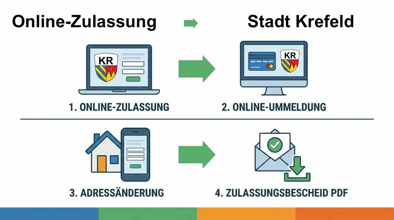 Online Zulassungsverfahren wie Zulassung, Ummeldung, Adressänderung oder Wiederzulassung in Krefeld