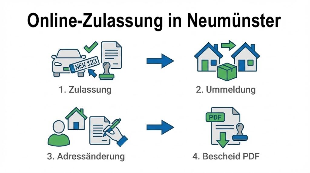 Online Zulassungsverfahren wie Zulassung, Ummeldung, Adressänderung oder Wiederzulassung in Neumünster