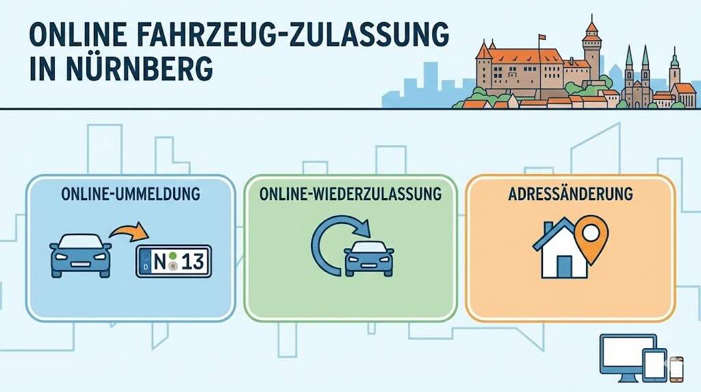 Online Zulassungsverfahren wie Zulassung, Ummeldung, Adressänderung oder Wiederzulassung in Nürnberg