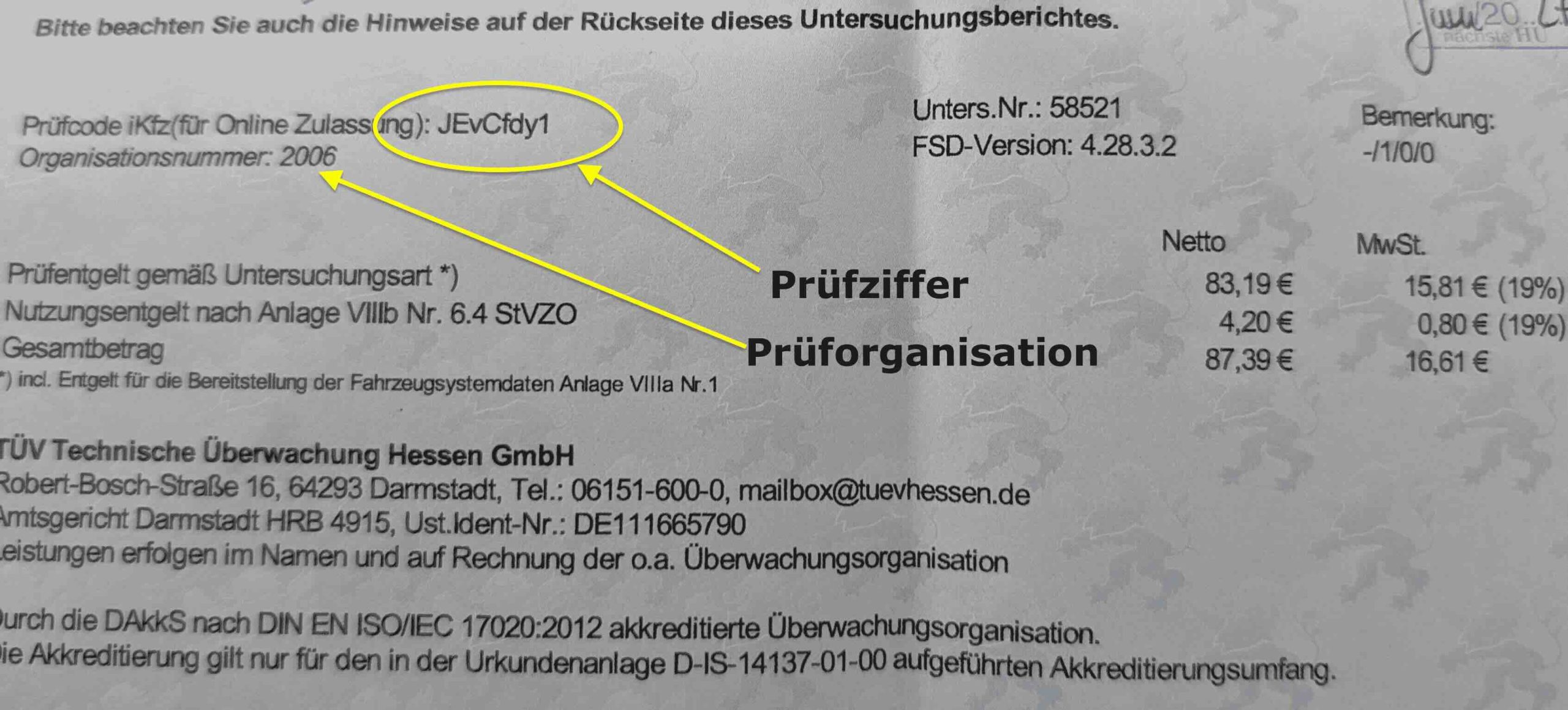 Prüfziffer der Hauptuntersuchung