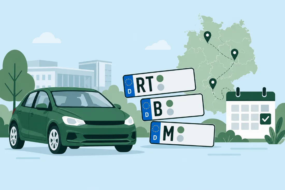 Flat-Design-Illustration mit Auto, deutschen Kennzeichen, Deutschlandkarte und Kalender